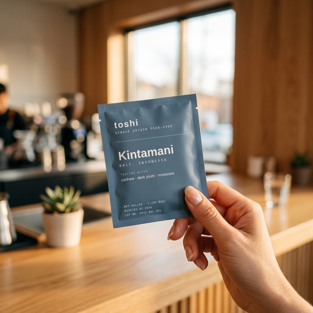 A hand holding a toshi Kintamani pour-over packet in a café